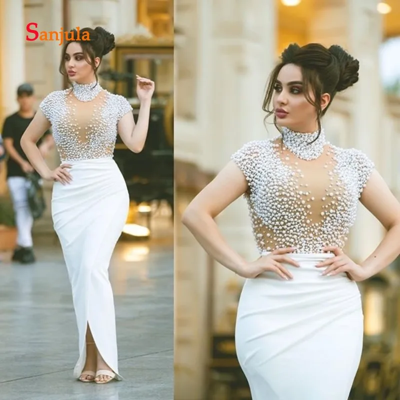 Вечерние платья с жемчугом и высоким воротом Длинные вечерние русалки в