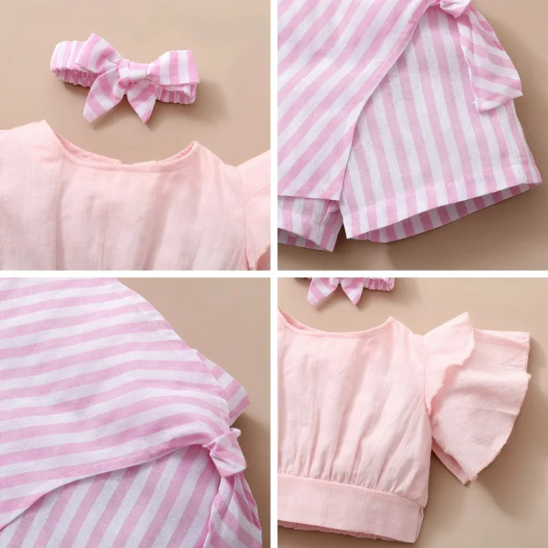

Summer Kids Baby Girl Clothes Sets Casual Flare Sleeve Solid Tops T-shirt With Shorts Headband Outfits Set 12M-5Y