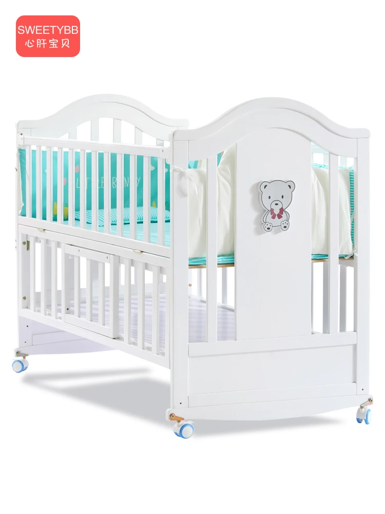 2020Crib Solid Wood White European Style Baby BB Bed Bassinet Newborns Multi-functional Joint Bed