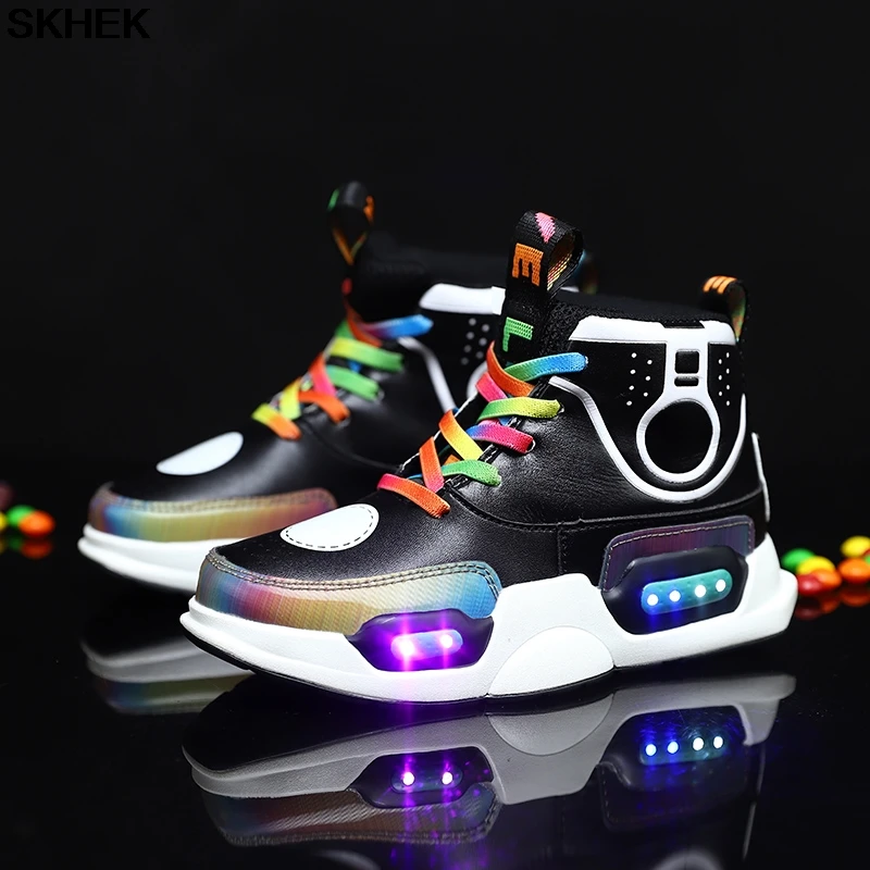 SKHEK 2021 Children USB Charge Colorful Led Back Light Shoes Mesh Girls Flash Luminous Sneakers Boys Glowing Kids | Детская одежда и
