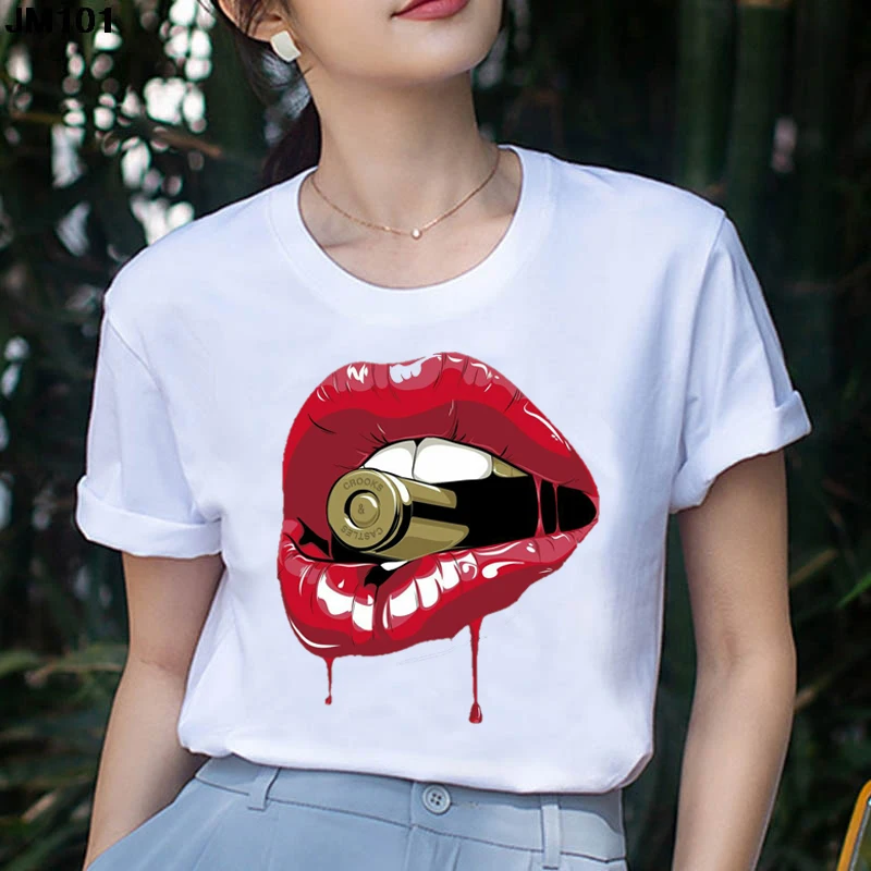 

Hip Hop Women's Fashion T-Shirt Kiss Lip Cartoon Graphic Printed Women's T- Shirt For Summer Korean Kpop Women's Clothing