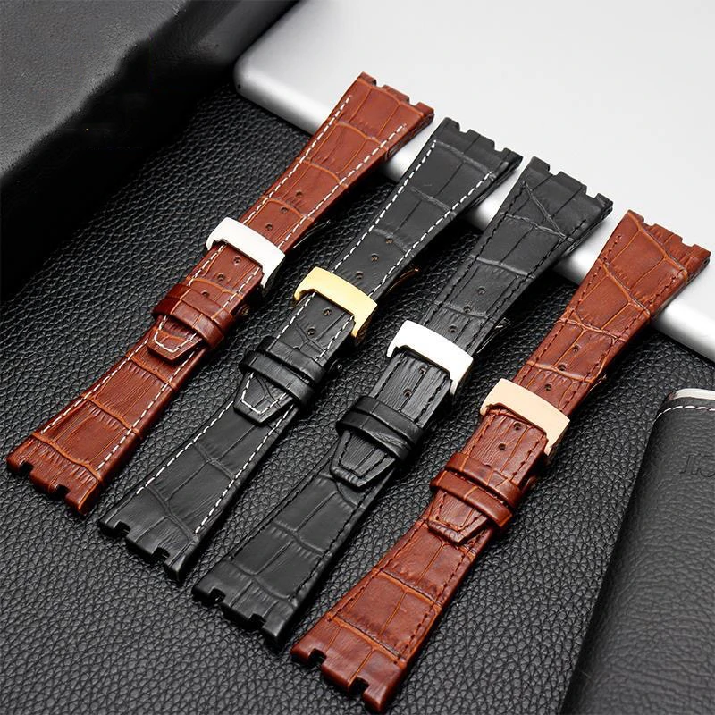 For AP 15400 wrist straps 26mm watchband black|blue brown 100% Genuine Leather Handmade Watch Band with steel deployment buckle