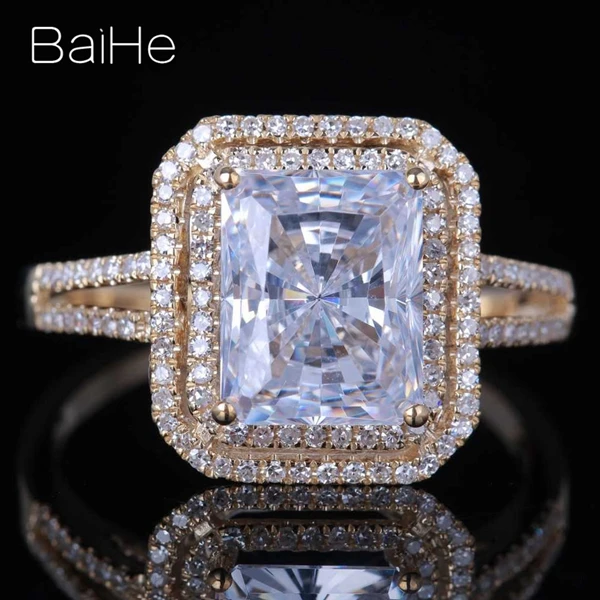 BAIHE Твердые 14 к желтое золото 5.9CT сертифицированные, подлинные AAA класс кубического циркония Подушка обручальное кольцо для женщин роскошный модный подарок кольцо
