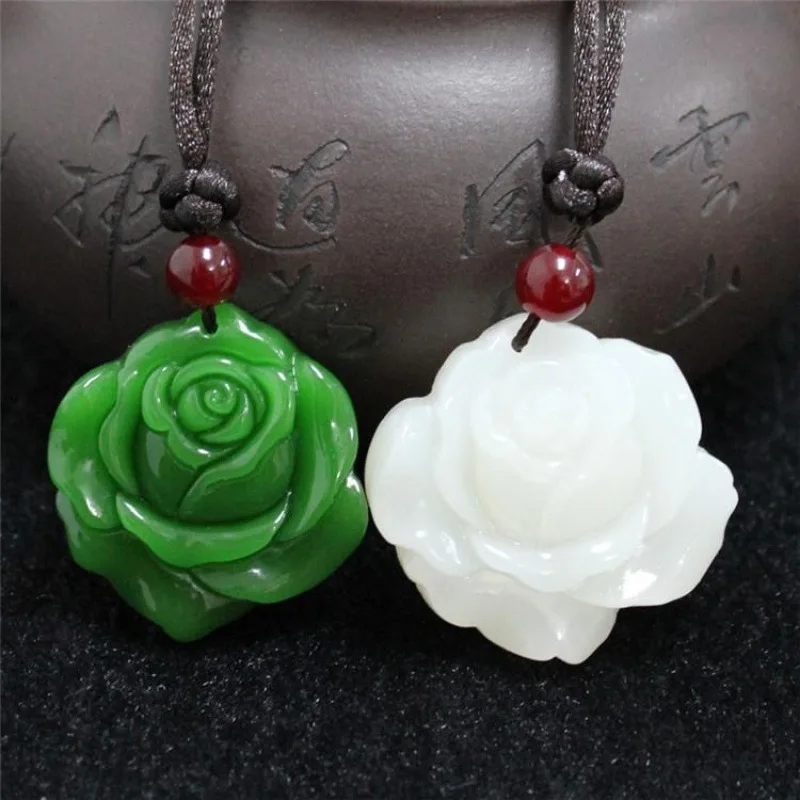 

Натуральная Зеленая Нефритовая Роза, подвеска с веревкой, цепочка, ожерелье для женщин и мужчин, подвески с белыми нефритами и цветами, ювел...