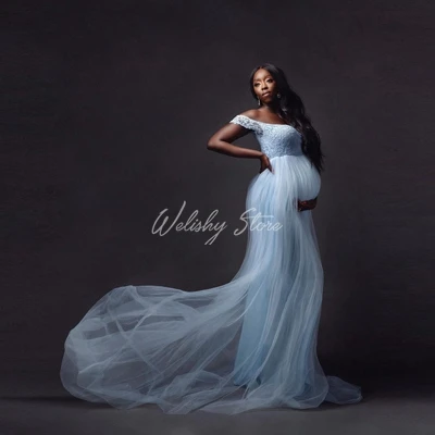 Sky Blue A-Line Draped Tulle Long Pregnant Women Dress 2021 Elegant Off Shoulder Lace Bust Formal Maternity Dresses Customized