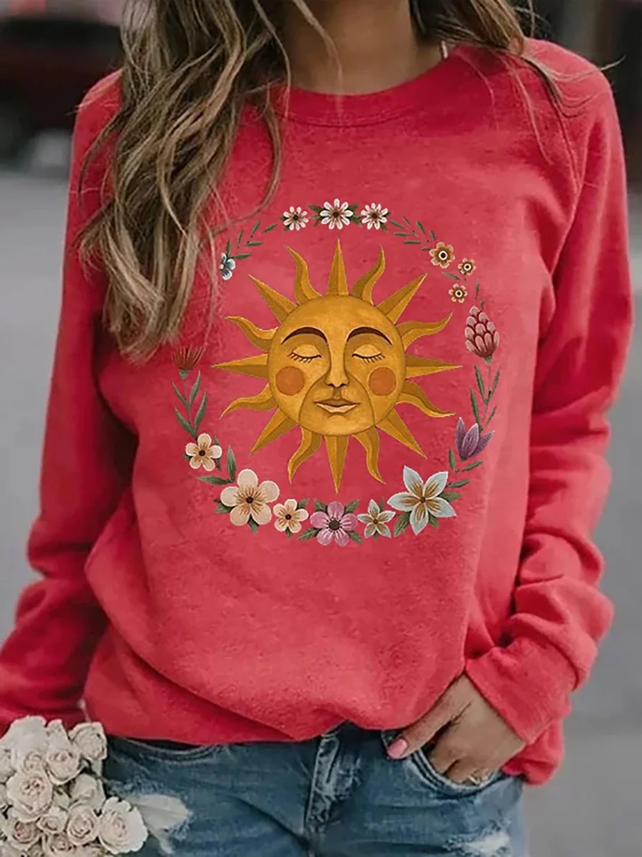 

Женская осенне-зимняя Толстовка в стиле Харадзюку с принтом солнца, Повседневная Толстовка Оверсайз в стиле ретро, Свободный пуловер с круг...