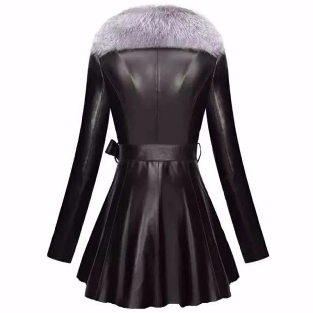 

2020 Women Coat Plus Size Cotton Jacket Slim PU Fox Fur Collar Female Winter Warm Bow Outwear