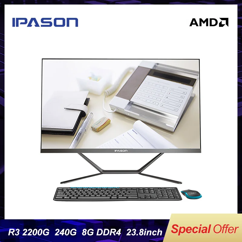 Ipason P21 PLUS 23,8-дюймовый AMD 4 Core R3 2200G Все-в-одном компьютер 240G SSD 4G* 2 RAM Настольный компьютер/Мини-ПК