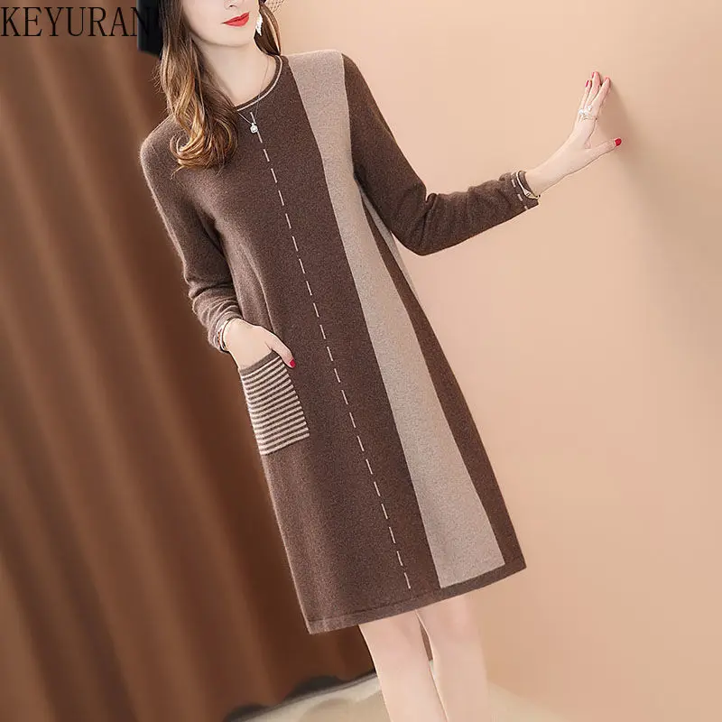 

Women Long Sweater Dress For Spring Autumn Winter 2021 Fashion O-Neck Coffee Patchwoek Knitting Dress Office Lady Bottom Clothes