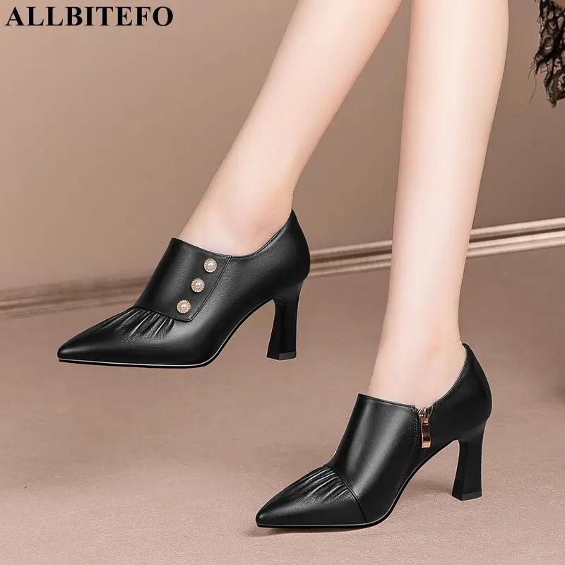 

ALLBITEFO Size 33-43 Fold Design Genuine Leather Brand Red High Heel Shoes Autumn Spring Fashion Party Women Heels Shoes