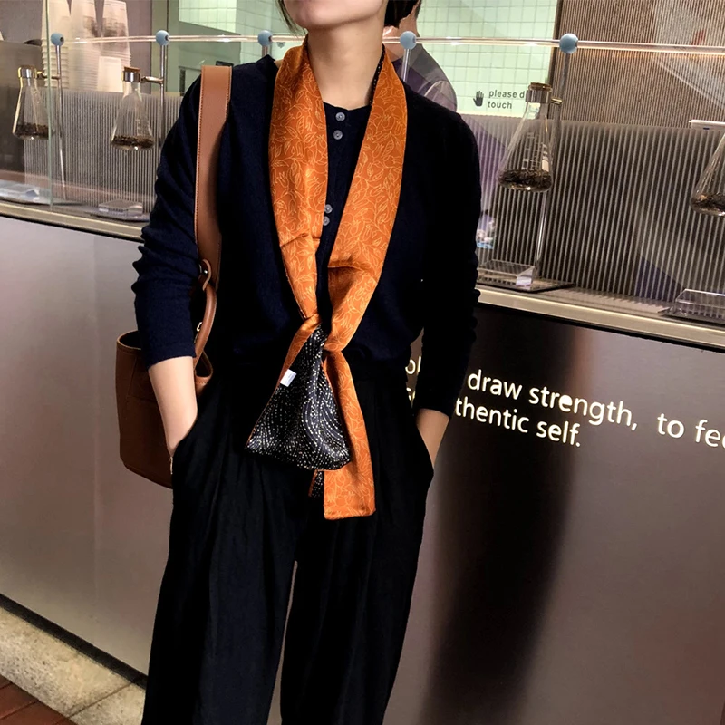 

2021 spring Korean version of all-match women scarf silk hand-feel double-sided printing scarf thin section scarf 15x150cm