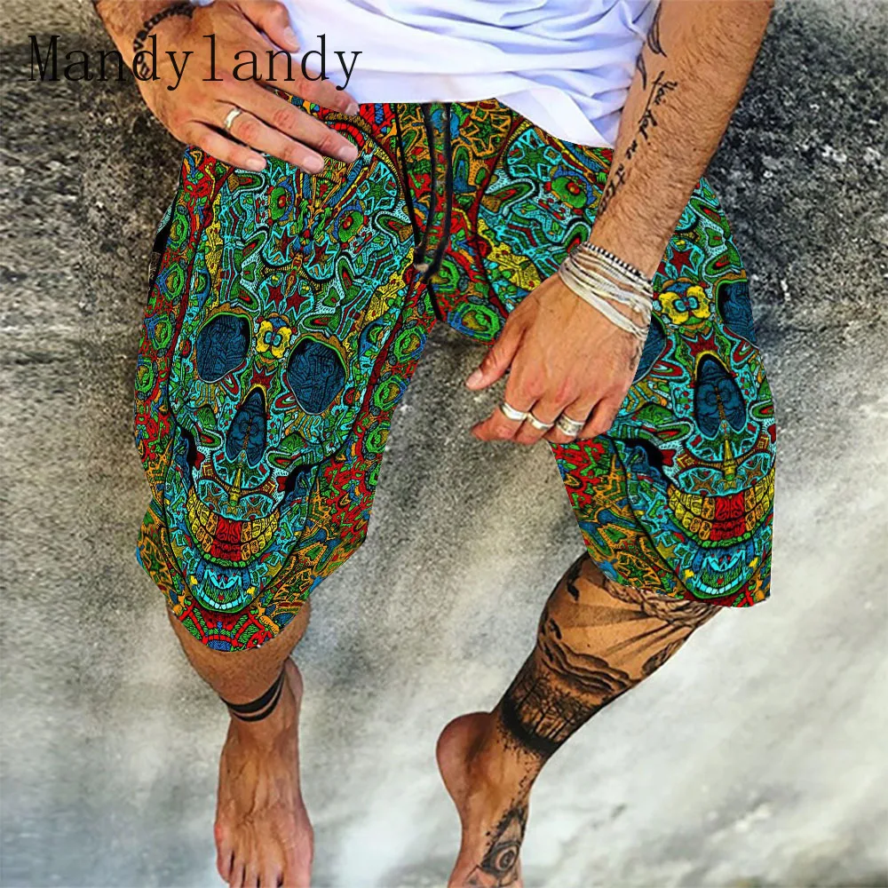 

Mandylandy New Men's Fashion Skull Beach Pants Shorts Summer Casual Elastic Waist Mens Jogger Shorts