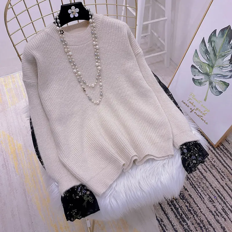 

Autumn and winter new fake two-piece chiffon sleeve splicing pullover knit top Korean style long-sleeved fashion sweater women