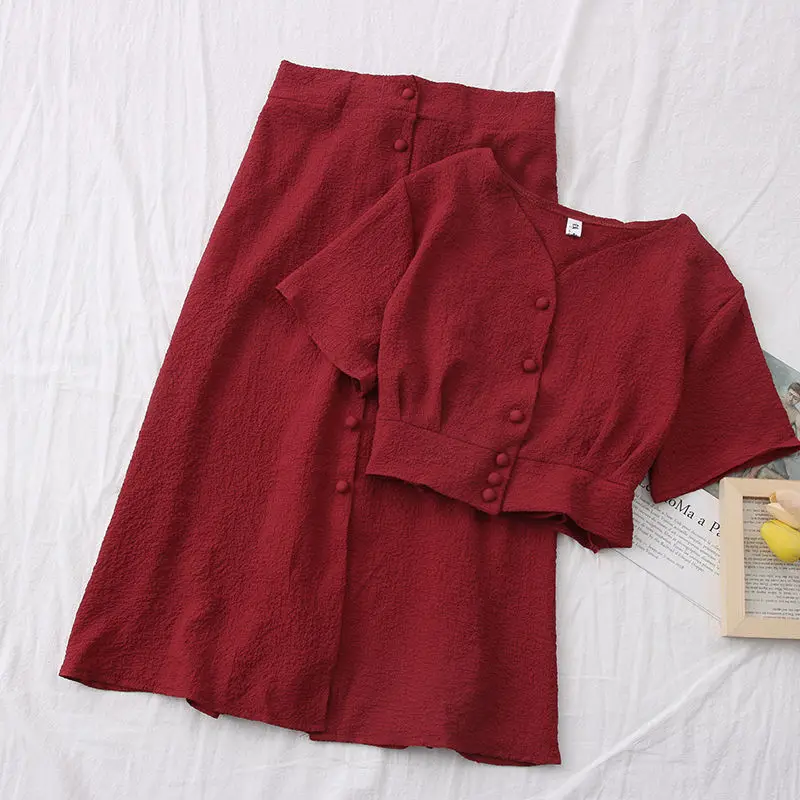 

Summer New Solid Color Female Suits Single Breasted Crop Tops and High Waist A-line Skirt Two Piece Sets Women's Outfits Q184