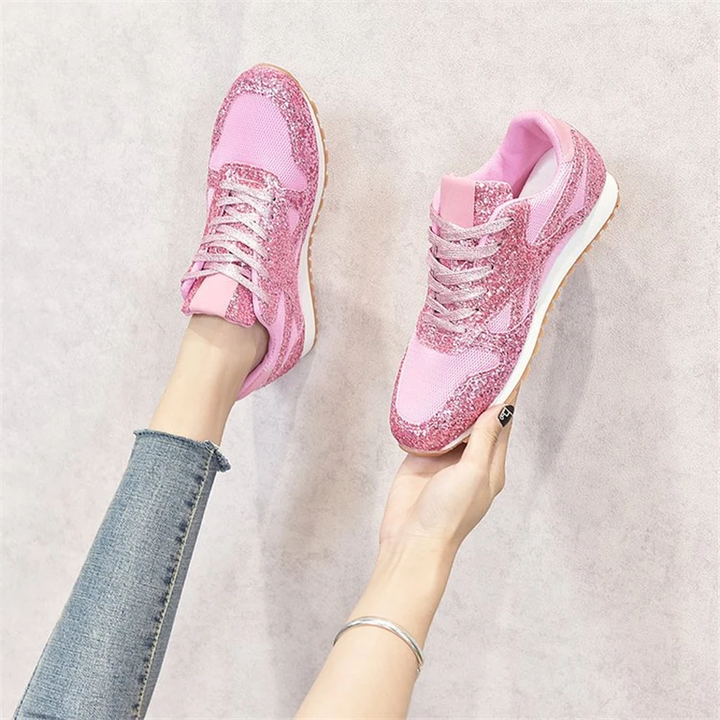 Sequin sports shoes 2020 women large size European American flat bottomed round head casual women's sneakers running | Обувь