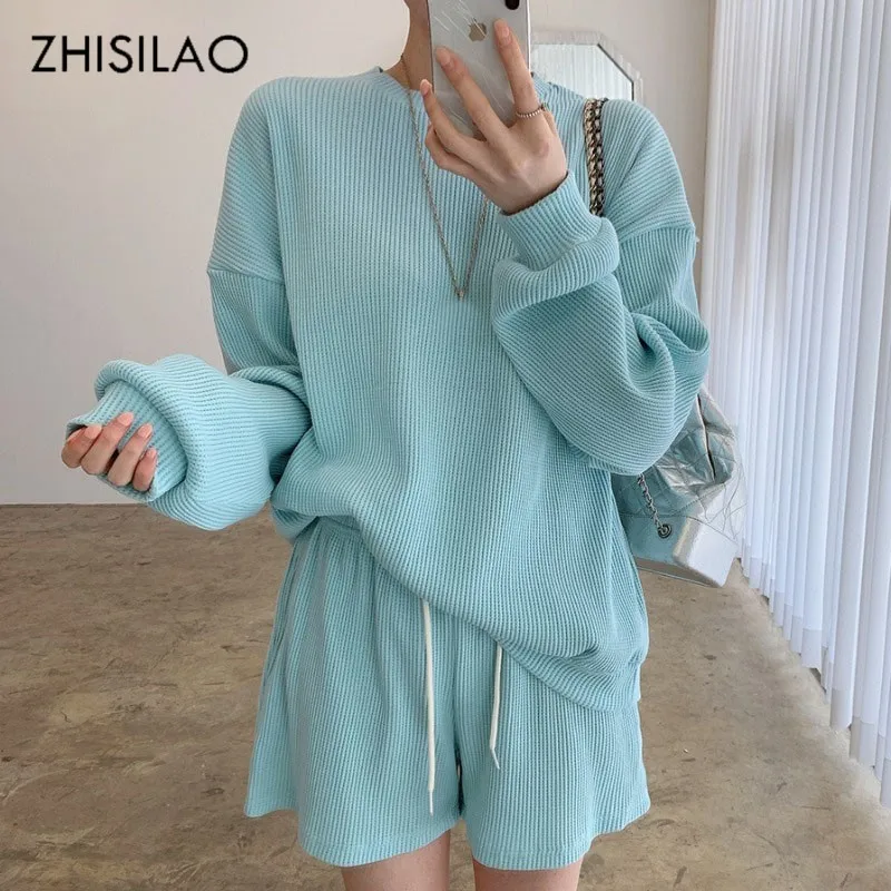 

ZHISILAO Solid Pullover Hoodies Sets Track Women Shorts Two Piece Set Women Suit Sweatshirts Outfits Summer 2021 Sweatpants