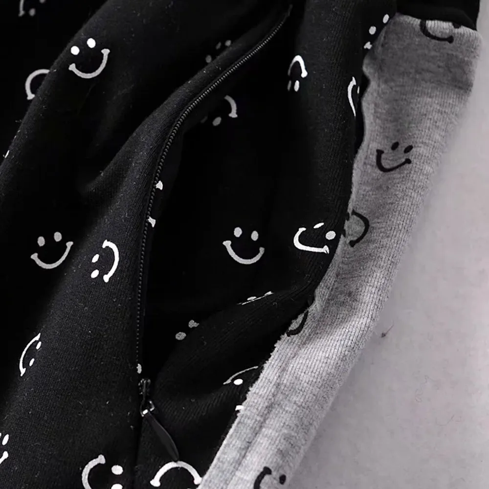 

Ins Winter Gray Black Zipper Wide-Leg Pants Korean Smiley Panelled Full Length Trousers For Women Elastic High Waist Sweatpant