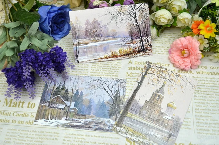 Русская зима пейзаж иллюстрация окрашенная открытка свежая коллекция