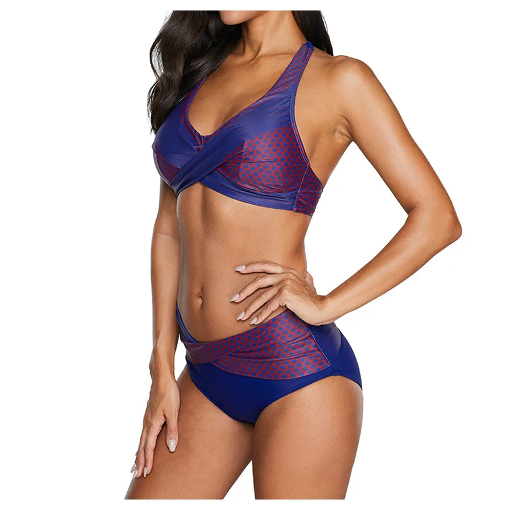 Женский раздельный купальник в горошек с v образным вырезом пуш ап сексуальный