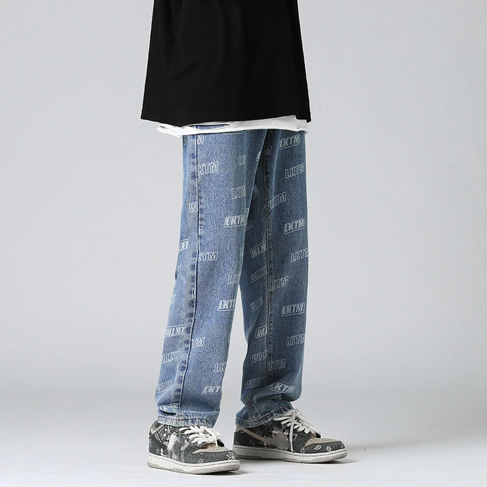 Men Jeans Autumn Winter Trend High Street Wear Hip-hop Letter Printed Jeans Men  Vertical Wide-leg Denim Pants Retro Unisex