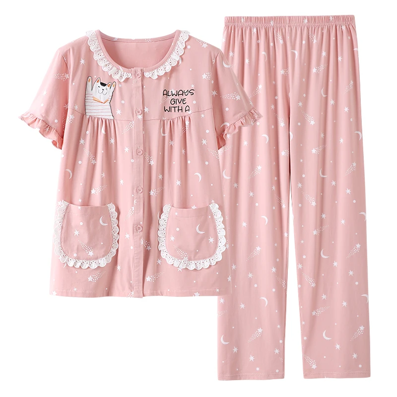 

Women Soft 100% Cotton Pajamas Short Sleeves Pijama Button-Down Summer Sleepwear Set Ladies Nighties for Women