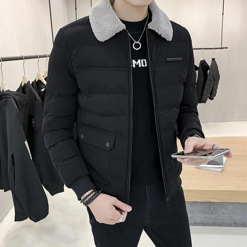 

Male Fashion Lamb Feather Lapel Collar Warm Jacket Winter Men's Tooling Style Jacket Korean Slim Thick Hooded Cotton Coat Jacket