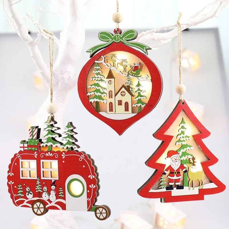 Christmas Tree Decor LED Light Christmas Tree Star Car Wooden Pendants Xmas Ornaments Kids Gift Christmas Decorations for Home