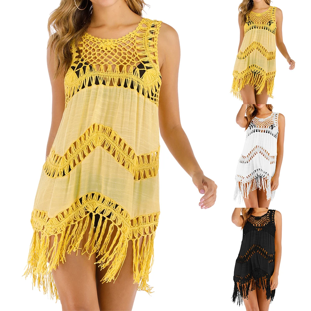 Сексуальное вязаное крючком пляжное платье накидка ажурное бикини с кисточками