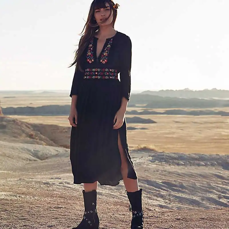 Богемный Вдохновленный женский платье миди с цветочным принтом и рукавом три