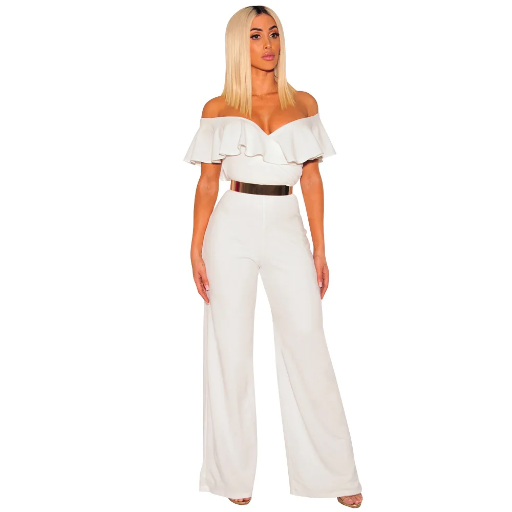 

Women's Sexy Slash Neck Flounced Jumpsuit Long Trouser Army Green White Black Wine Red Rompers