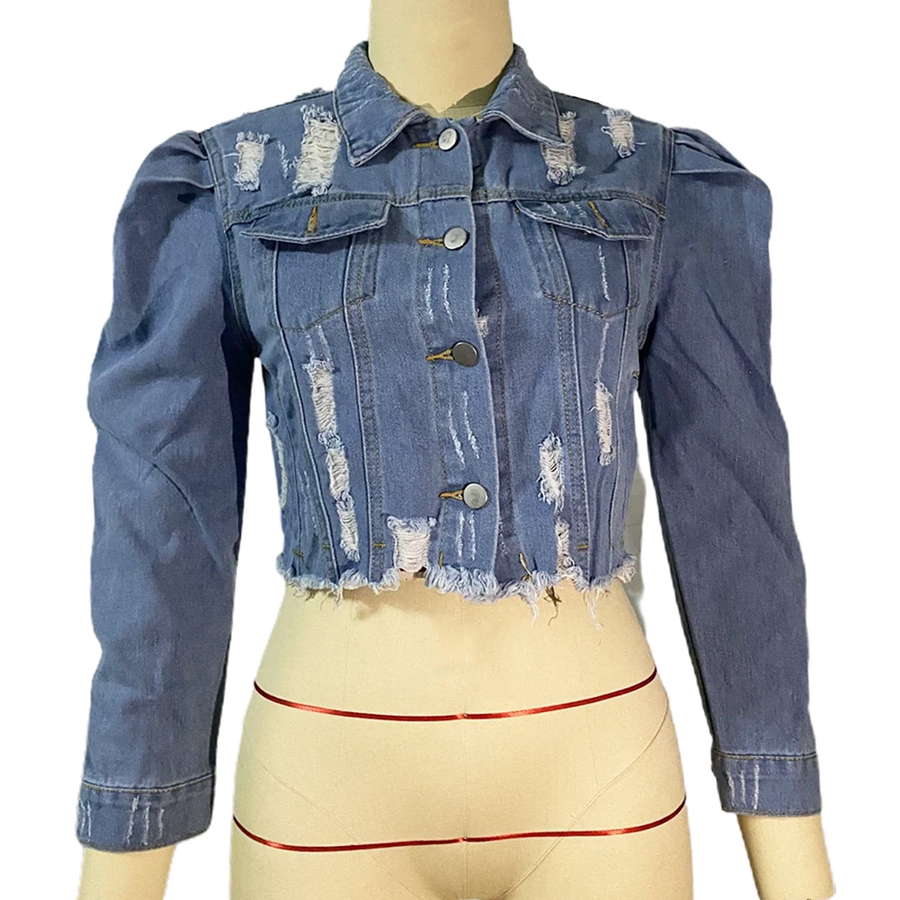 

Autumn Women Sexy Long Sleeve Pocket Ripped Denim Jacket Streetwear Short Coat