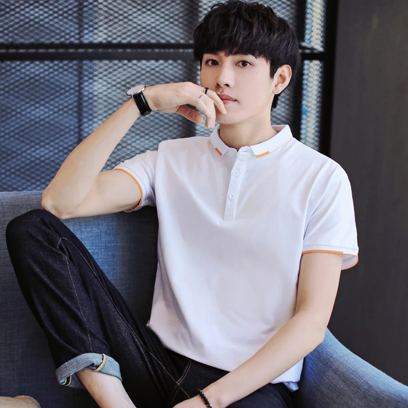 BROWON Летняя мужская футболка белого цвета с коротким рукавом и отложным