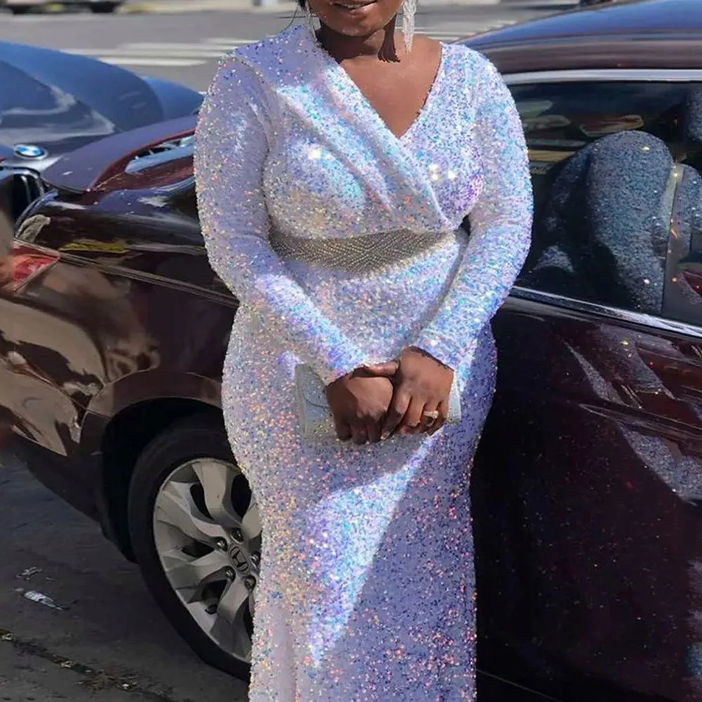 

Long Formal Prom Party Gown Sexy V-neck Mermaid Evening Dress Full Sequins long Sleeve Galadress Vestidos Women 2021
