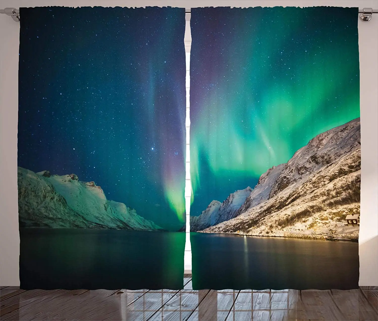 Jade Green Nature Curtains Mystical Aurora Borealis Above The Rocky Hills Magnetic Poles Solar Space Panorama  Window Curtain