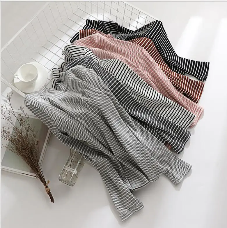 

Hot Spring and autumn semi-high collar solid color stripe slim fit with long sleeve cotton base blouse women 5-6