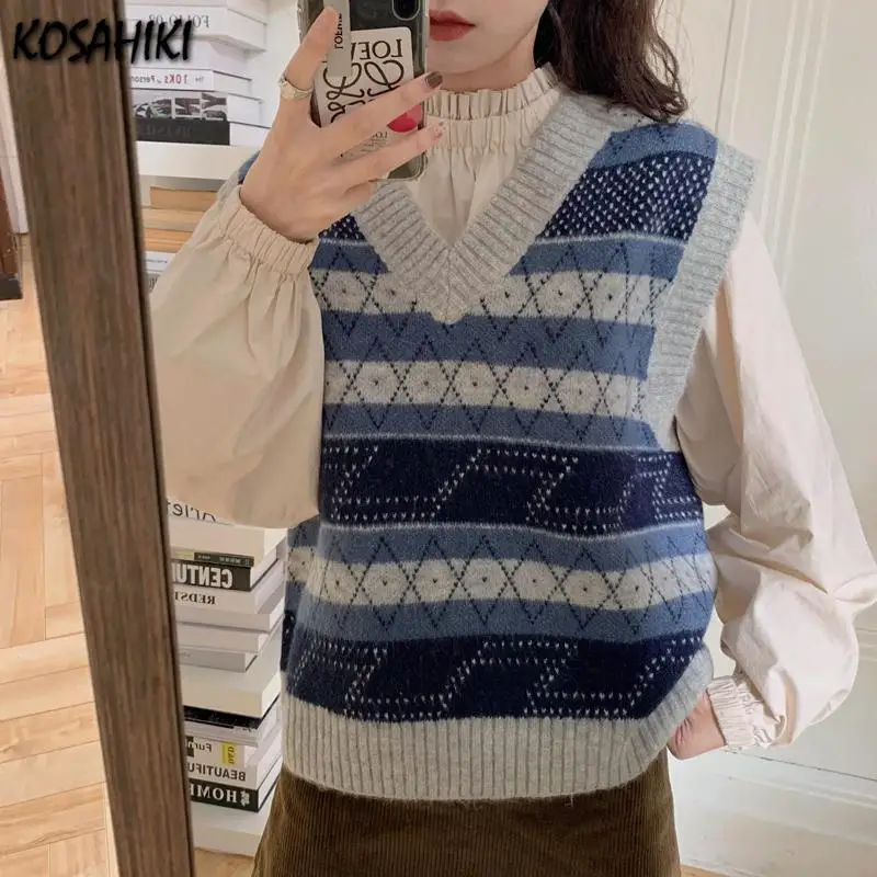 

KOSAHIKI Sweaters Vest Women V-neck Argyle Preppy Korean Style Knitting All-match Female Harajuku Retro College Waistcoat