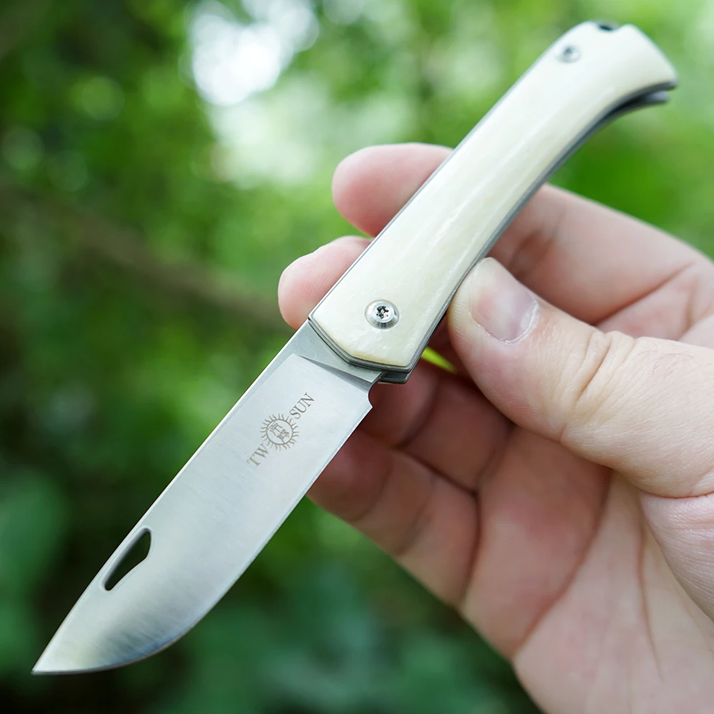 

Twosun SLIP JOINT M390 folding Pocket Knife camping knife hunting knives outdoor survival tool EDC Titanium Bone Handle TS161