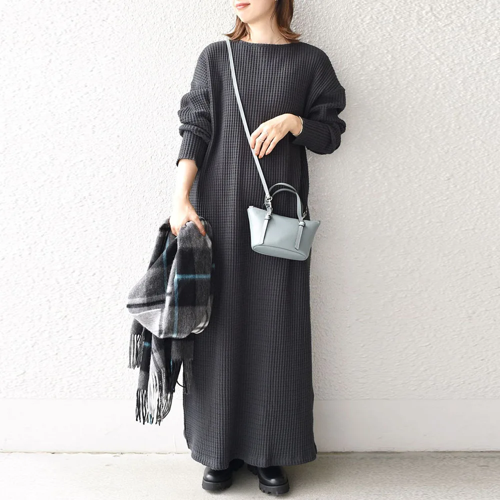

Knitted Dress For Women Casual Autumn Winter 2021 Solid Vintage Elegant O Neck Loose Office Lady Simple Casual Long Dresses