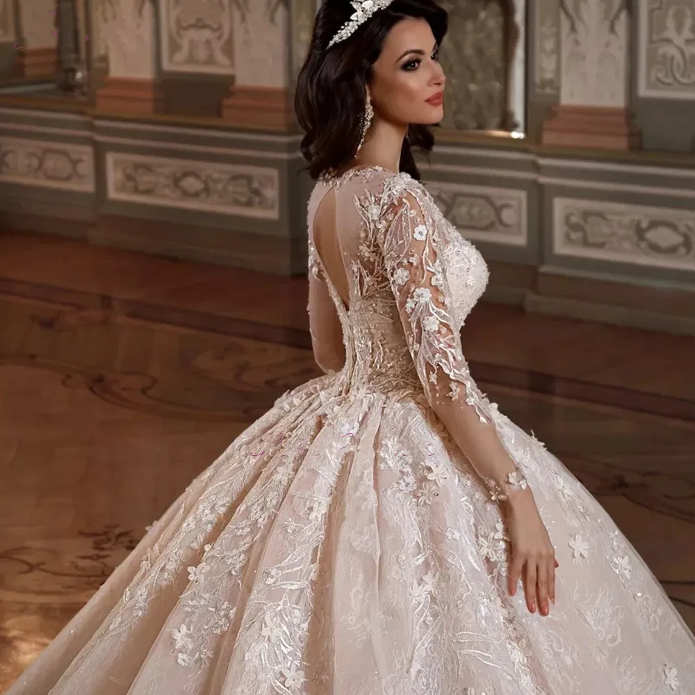 Arabic Plus Size Long Sleeve Organza Wedding Dress Ball Gown Symmetrical Decoration Scoop Neckline Bride Dress Vestido De Noiva