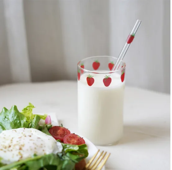 300ml Strawberry Cute Glass Cup With Straw Creative Transparent Water Student Milk Heat Resistant Nana | Дом и сад