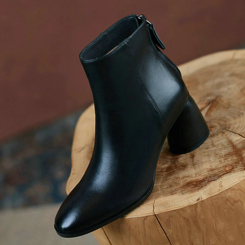 

Basic high heels boots Concise Women Ankle Boots Genuine Leather Back Zipper Thick Heels Office Ladies Casual Shoes Woman Autumn