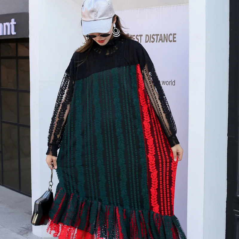 Контрастное цветное платье с длинным рукавом женское высоким вырезом свободные