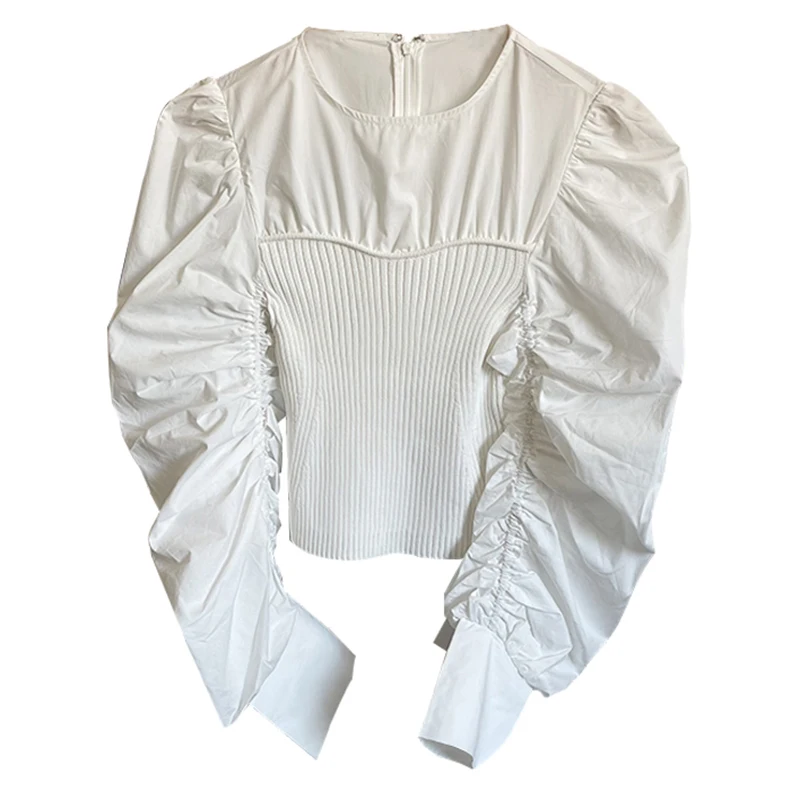 

XIZIHUPAN Solid Fold Pleated Fake Two Women's Shirt Round Neck Puff Long Sleeve Patchwork Slim Blouses Female 2021 Spring Style