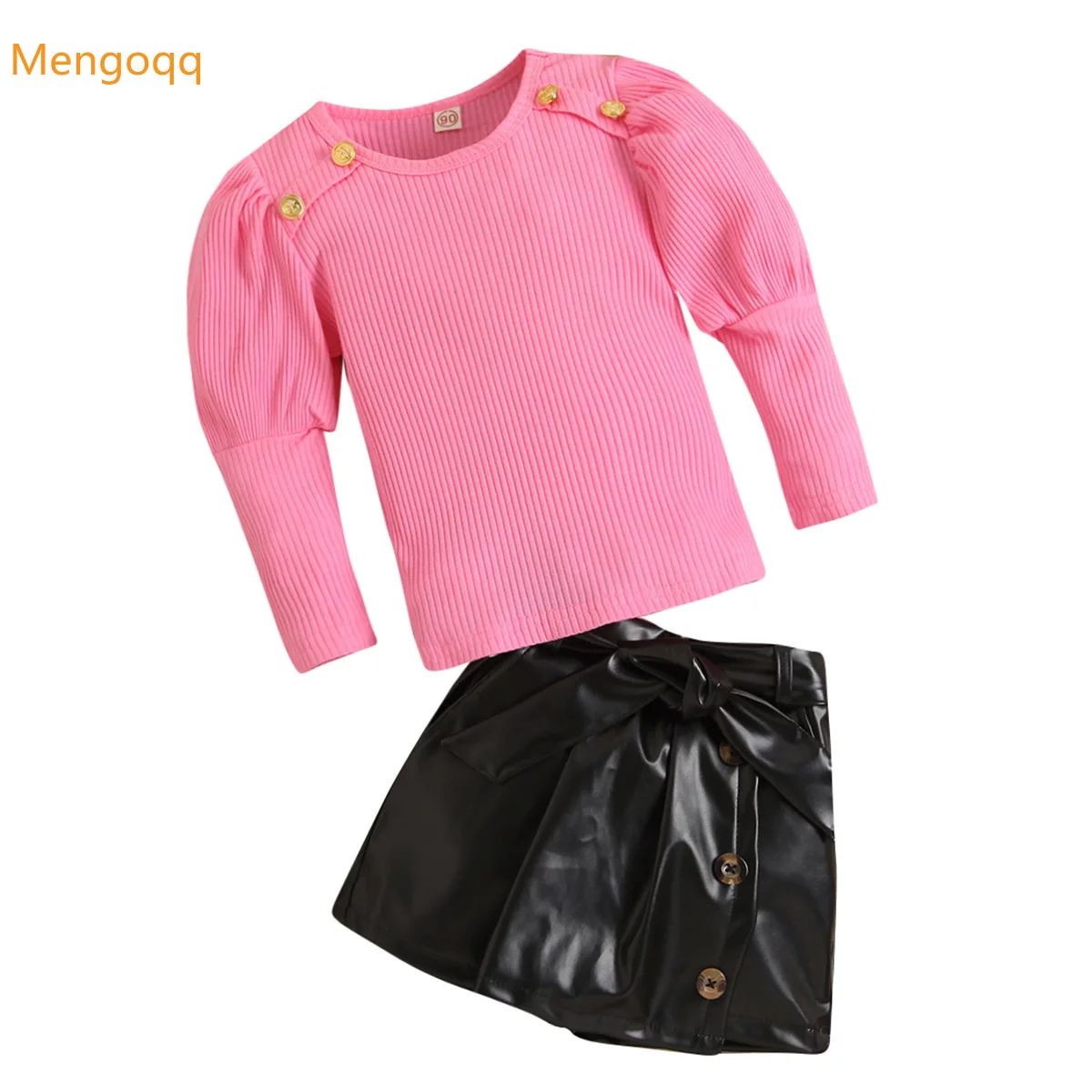 

Princess Autumn Spring Fashion Clothes Solid Knitting Top Shirts PU Leather Belt Skirts Kids Baby Chidren Set 2pcs 18M-6Y