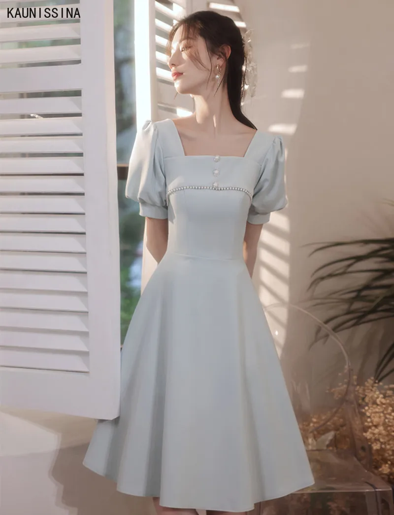 

KAUNISSINA Short Prom Dresses Square Collar Puff Sleeve Blue Cocktail Dress Women Knee Length Pearls Party Wear Vestidos Robe