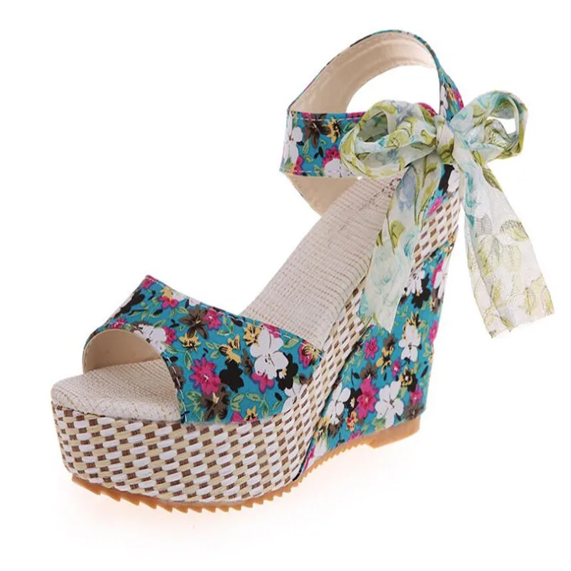 

Women Summer Wedge Sandals Female Floral Bowknot Platform Bohemia High Heel Sandals Fashion Ankle Strap Open Toe Ladies Shoes