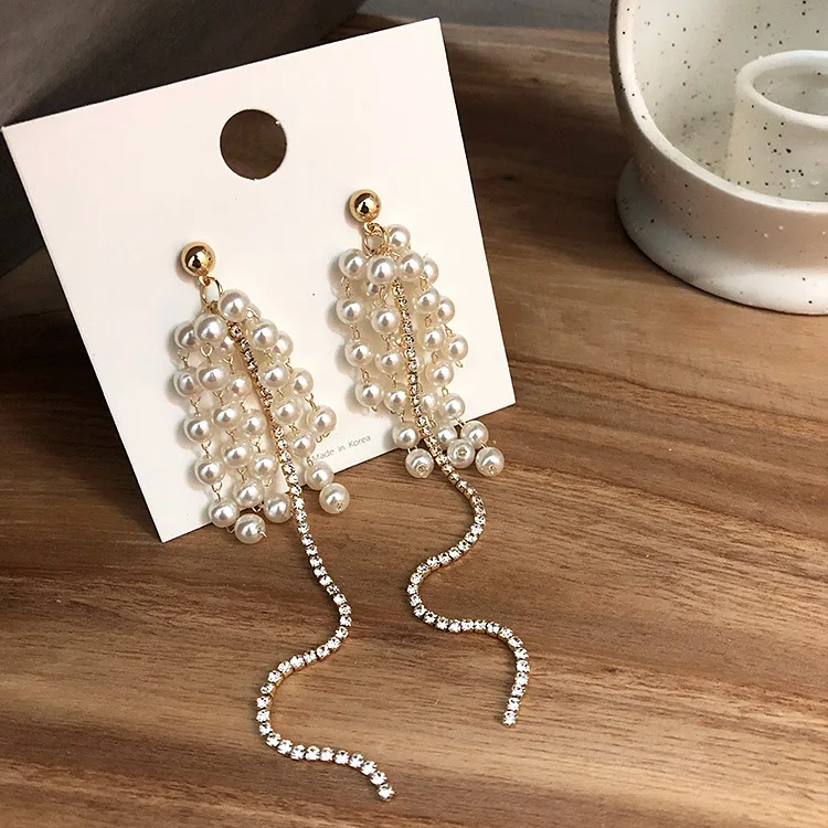 Мода супер фея имитация жемчуга серьги темперамент длинные кисточки женские