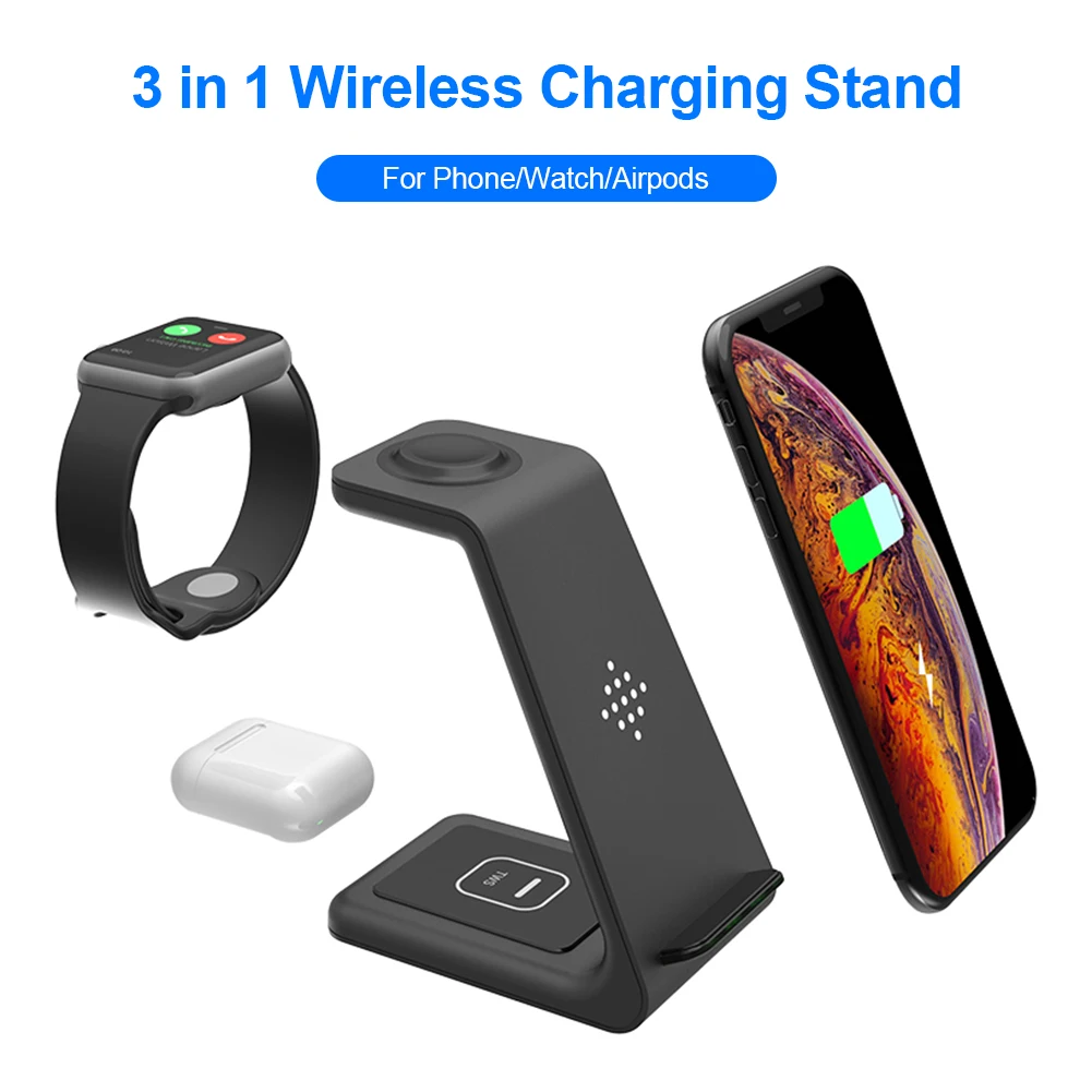 

3 in 1 Wireless Charger And Charging Stand Dock Station+ AC Wall Adapter For Apple Watch Series 1 2 3 4 5 AirPods Pro Smartphone