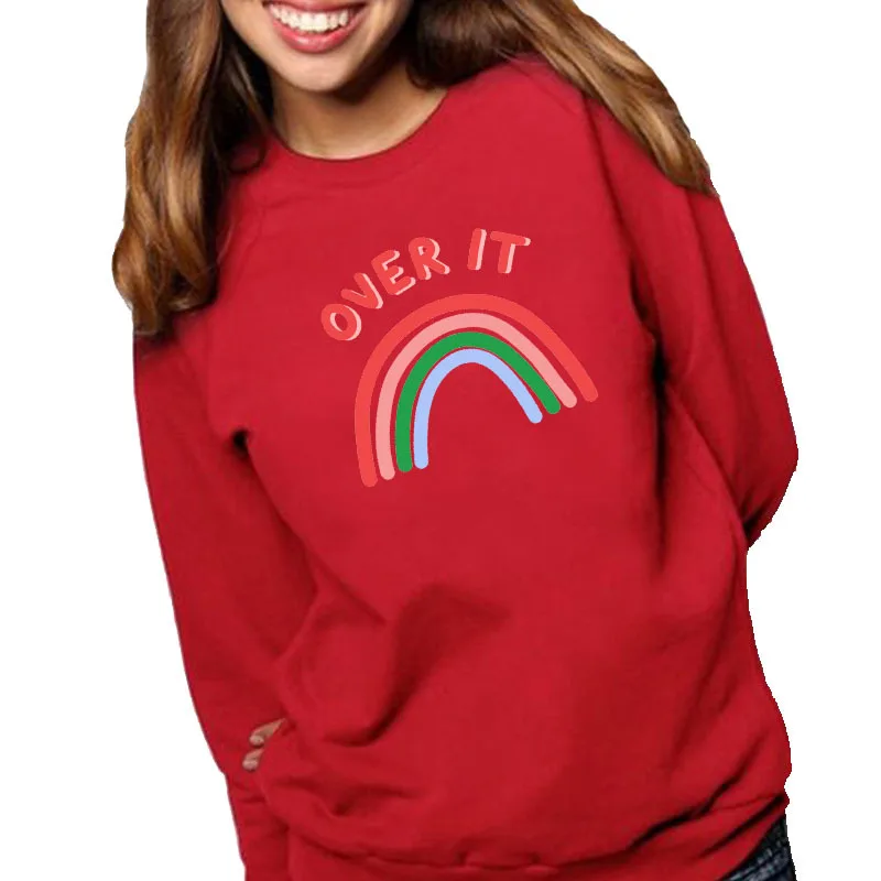 

Women Hoodie Over It Rainbow Printed Hoodies Women Fleece Long Sleeve O Neck Loose Sweatshirt Girls Pullovers Winter
