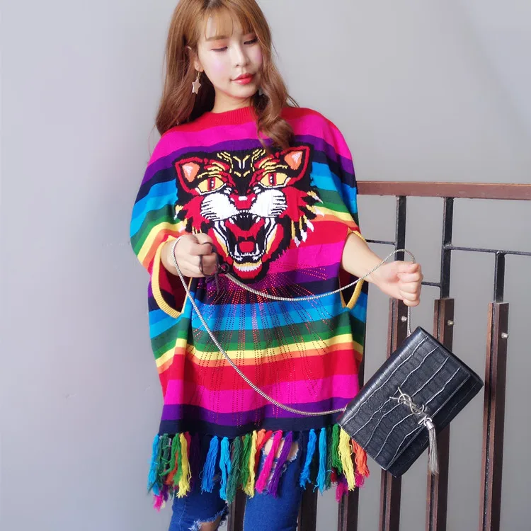 Женское пончо с тигровой головкой трикотажный подиумный пуловер радужными
